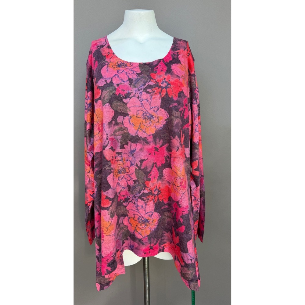 Soft Surroundings Tunic Top 1X Pink Purple Floral Sharkbite Knit Scoop Neck USA